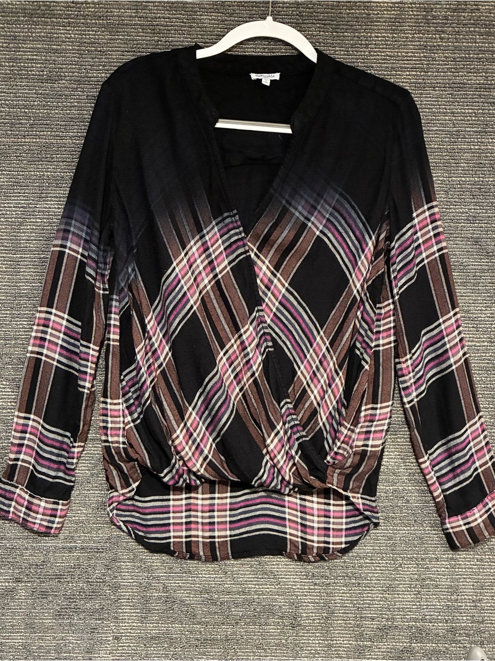 Splendid Black Plaid Surplice Blouse with button close Pink and Black Soft